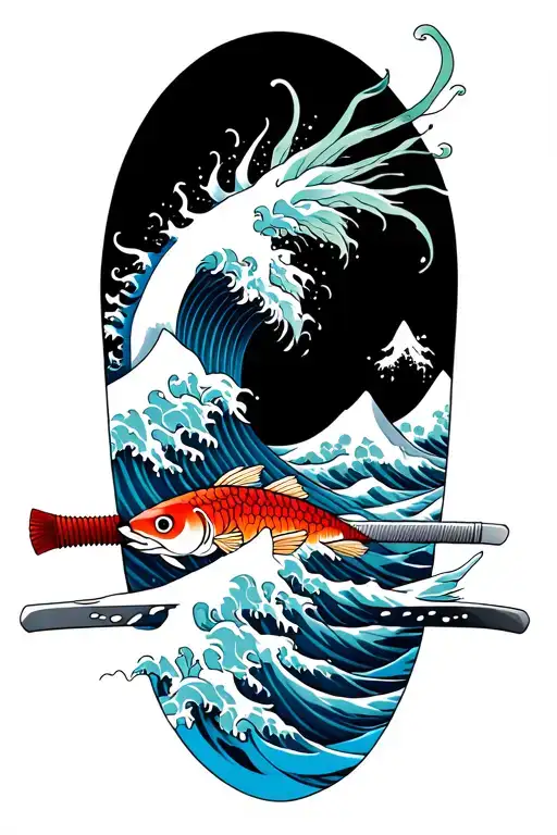 kanagawa wave, susanoo face with katana, mount fuji background, phœnix, koï fish tattoo design idea