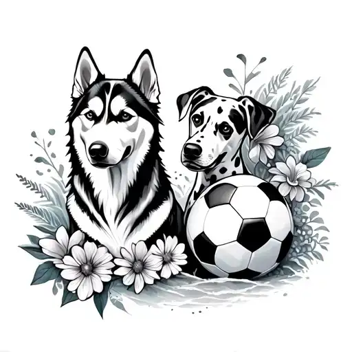 Husky dog and Dalmatian dog, with soccer ball, beach waves and flowers  tattoo design idea