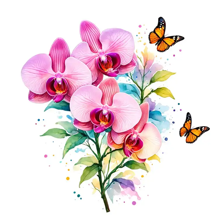 orchid with butterflies surrounding tattoo design idea