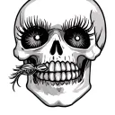 skeleton head with fake eyelashes and a cirgaret in mouth tattoo design idea