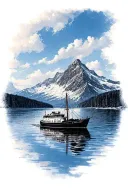 Mont blanc with lake with reflective shading below and detailed fine line boat tattoo design idea
