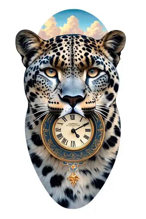 snow leopard piece with a time clock and ancient pillars with a sky and clouds above tattoo design idea