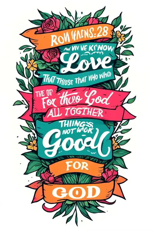 romans 8:28 and the words And we know that for those who love God all things work together for good, not cartoony  tattoo design idea