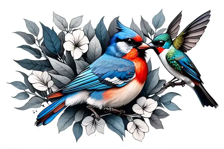hummingbird, bluejay, and red cardinal tattoo design idea