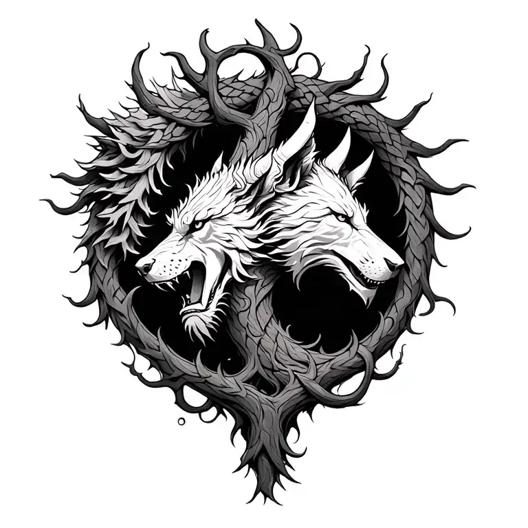 Viking tree of life intertwined with dragon head and two wolf heads  tattoo design idea
