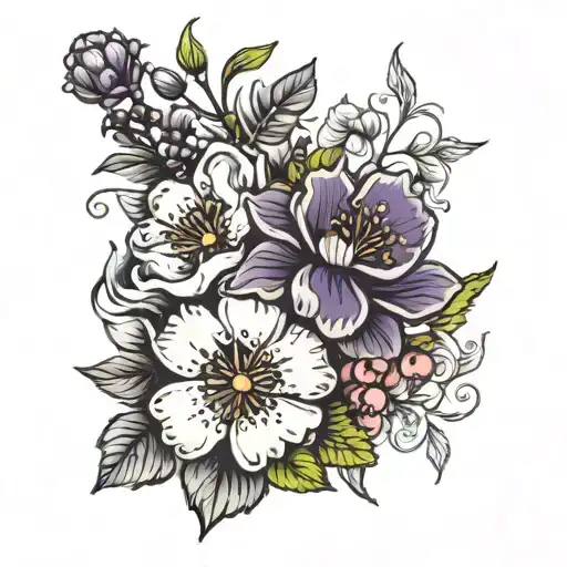 Feminine tattoo filler background with violet and Hawthorne flowers in black and white with no gaps  tattoo design idea