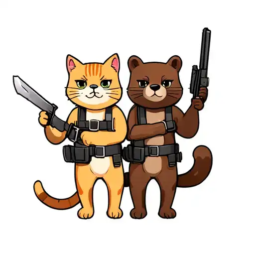 cat holding knife and bear holding gun belt and holsters side by side tattoo design idea