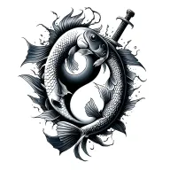 two Fish representing ying an yang with a sword which breaks trying to damage the ying and Jung fish tattoo design idea