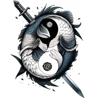 two Fish representing ying an yang with a sword which breaks trying to damage the ying and Jung fish tattoo design idea