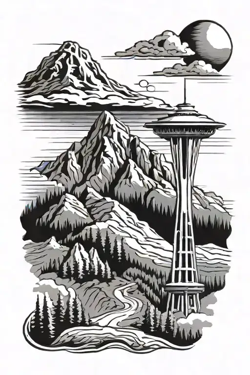 space needle with mountain range tattoo design idea