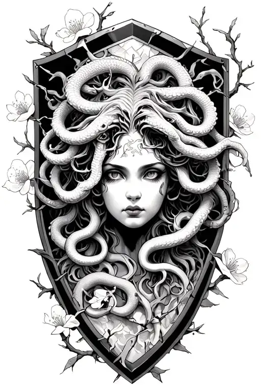beautiful Medusa atop a broken shield entwined with cherry blossom  tattoo design idea