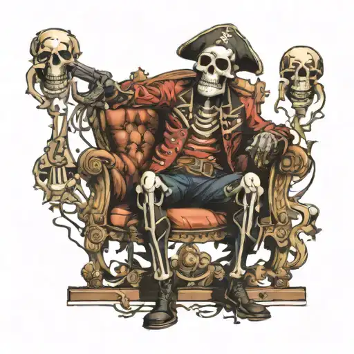 Pirate captain skeleton siting in a big chair, looks like he just went through battle tattoo design idea