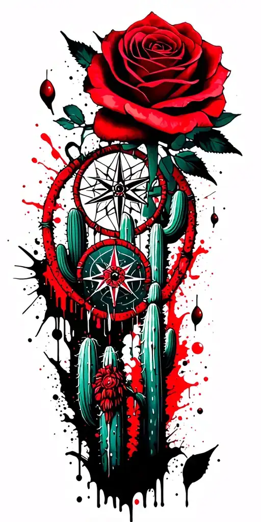 Southwest, Cactus, Dead Roses, Compass, Dreamcatcher tattoo design idea