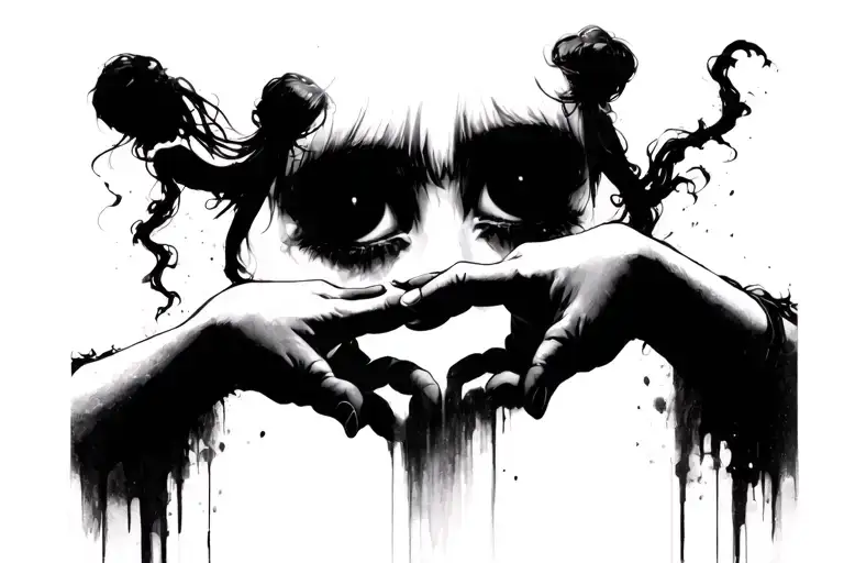 Girl and the boy holds hands in the style of Nightmare Games, silhouettes with eyes completely in the shadow on the background of the tattoo sketch tattoo design idea