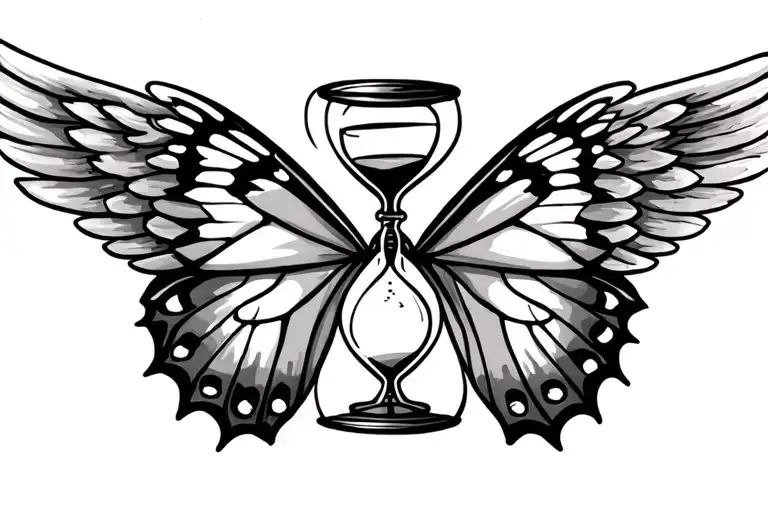 butterfly and angel wing with hourglass between wings tattoo design idea