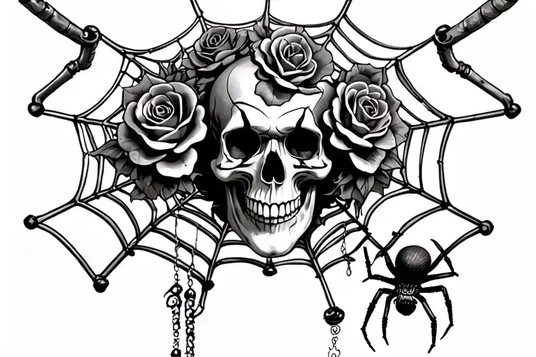 Skull clown with roses and bones behind a large spider web with a spider lowering a tattoo machine below tattoo design idea