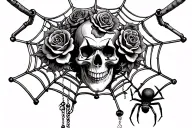 Skull clown with roses and bones behind a large spider web with a spider lowering a tattoo machine below tattoo design idea