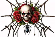 Skull clown with roses and bones behind a large spider web with a spider lowering a tattoo machine below tattoo design idea