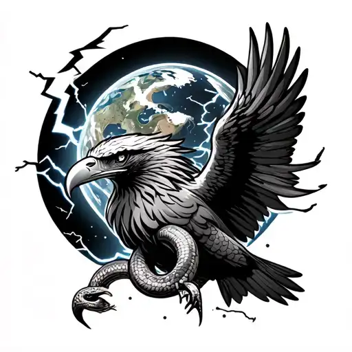 eagle with snake in mouth holding a lightning bolt crashing into the earth tattoo design idea