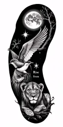 Tattoo style realism oak with roots, a swallow, a star of Aquarius, Moon inscription Stil I Rise from shoulder to elbow, lioness with a lion cub tattoo design idea