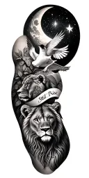 Tattoo style realism oak with roots, a swallow, a star of Aquarius, Moon inscription Stil I Rise from shoulder to elbow, lioness with a lion cub tattoo design idea