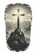 christian cross summit of a mountain landscape ray of sunshine tattoo design idea