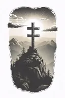 christian cross summit of a mountain landscape ray of sunshine tattoo design idea