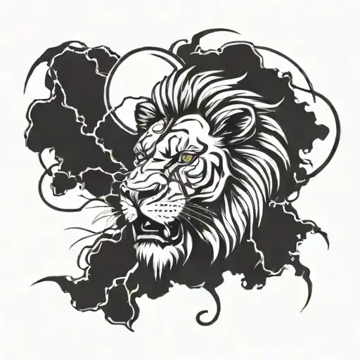 An edgy tattoo design combining the client's love for lions and skulls, with a fierce lion's head emerging from a skull surrounded by lightning bolts tattoo design idea