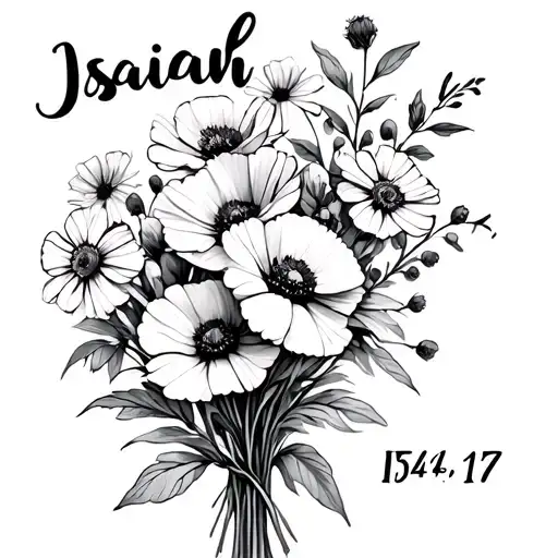 small bouquet of wild flowers with poppies and the stem in cursive saying Isaiah 54:17 tattoo design idea