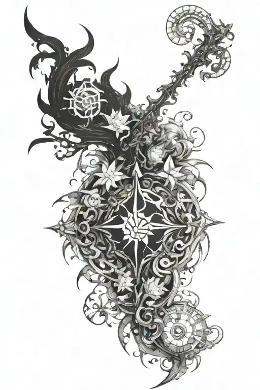 Incorporate elements from Final Fantasy into a blackwork design tattoo design idea
