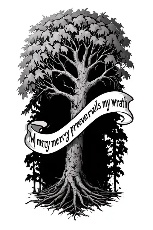 A willow tree from The Walking Dead and the words My mercy prevails over my wrath tattoo design idea