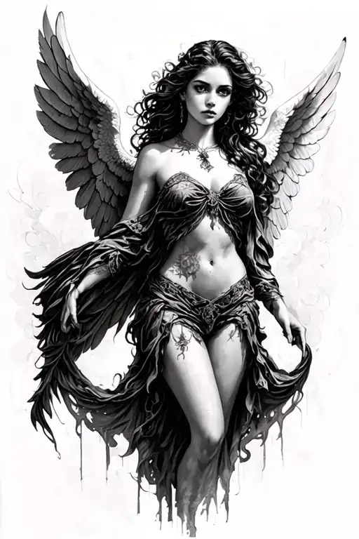 black and white guardian angel dramatic woman, in a slightly sexy way tattoo design idea