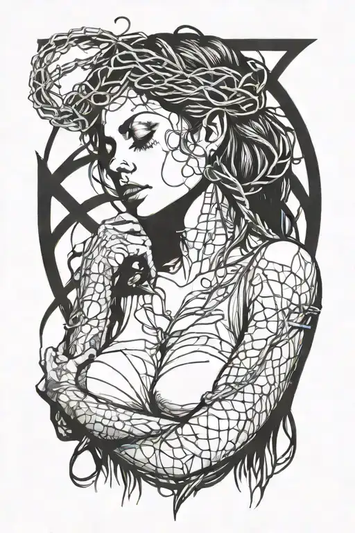 the goddess looks up with a blindfold on her eyes, her arms crossed on her chest, a halo of barbed wire above her head, she stands full face tattoo design idea
