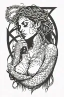 the goddess looks up with a blindfold on her eyes, her arms crossed on her chest, a halo of barbed wire above her head, she stands full face tattoo design idea