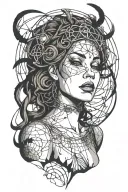 the goddess looks up with a blindfold on her eyes, her arms crossed on her chest, a halo of barbed wire above her head, she stands full face tattoo design idea