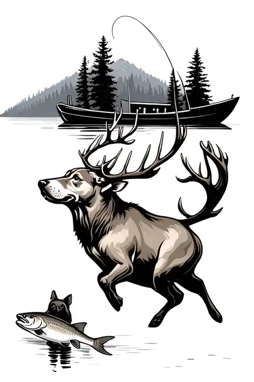 lake, fishing boat, deer, labrador, trout jumping tattoo design idea