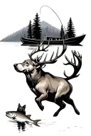 lake, fishing boat, deer, labrador, trout jumping tattoo design idea