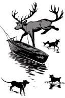 lake, fishing boat, deer, labrador, trout jumping tattoo design idea
