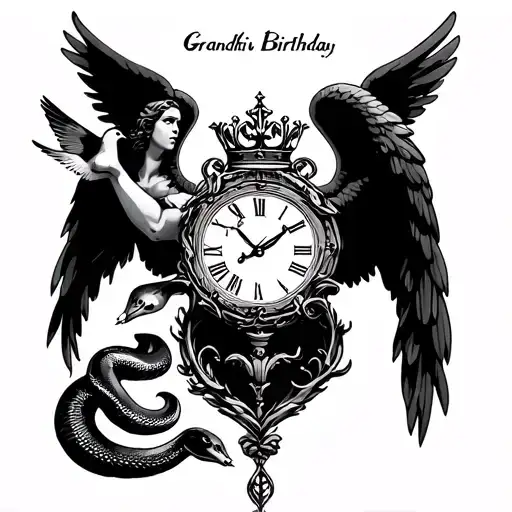 fallen angel slicing serpent, angel reaching for gods hand, doves, thorned crown, grandma’s birthday in clock or somethi tattoo design idea