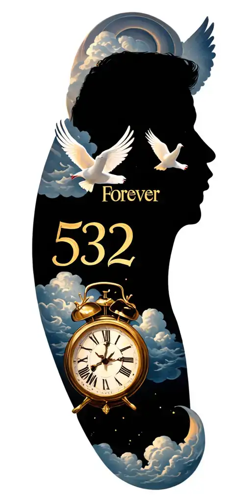 "FOREVER 532 " MEMOIR TATTOO FOR GRANDPARENTS WITH CLOUDS AND CLOCKS WITH DOVES AND HEAVEN tattoo design idea