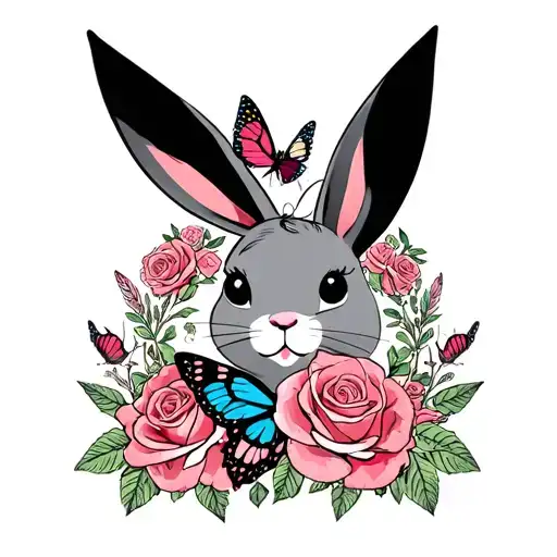 girly playboy bunny logo with roses and butterflies incorporated  tattoo design idea