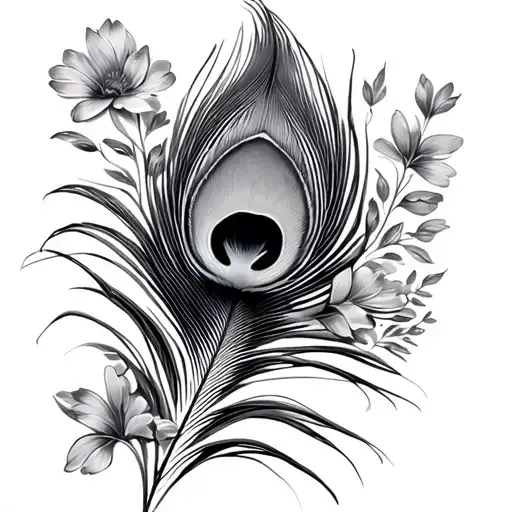 PEACOCK FEATHER WITH FLOWERS AND BIRTHDAY tattoo design idea