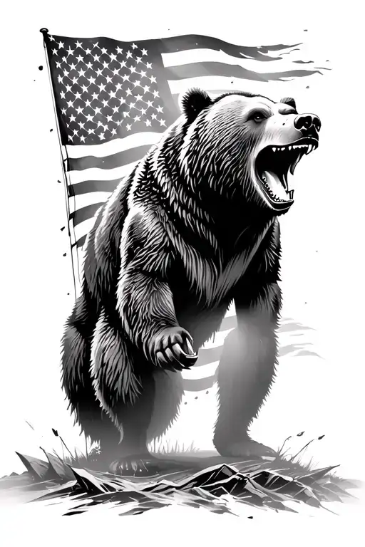 ROARING GRIZZLY BEAR, VIRTICAL TATTERED AMERICAN FLAG BACKGROUND tattoo design idea