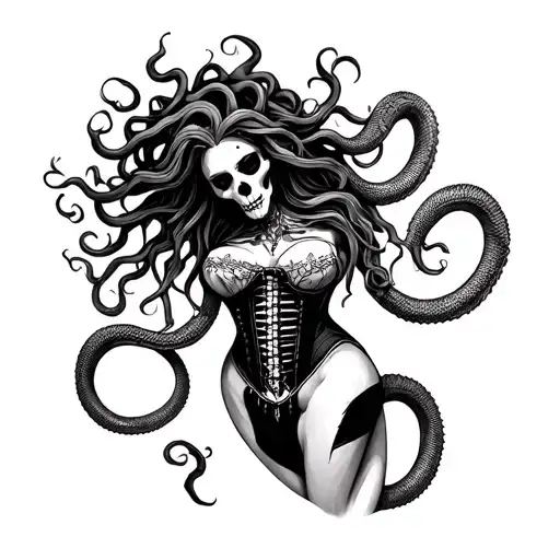 Medusa with skeletal snakes and corset for a knee tattoo tattoo design idea