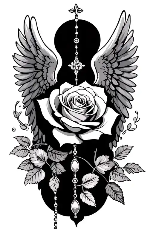 rose, rosary, grandma, angel wings tattoo design idea