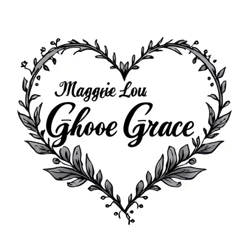 Names Maggie Lou and Ghloe grace, script font, in the shape of a heart, male tattoo tattoo design idea