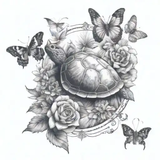 create a earthy atmosphere tattoo for a female somehow including flowers, butterflies and or turtles  tattoo design idea