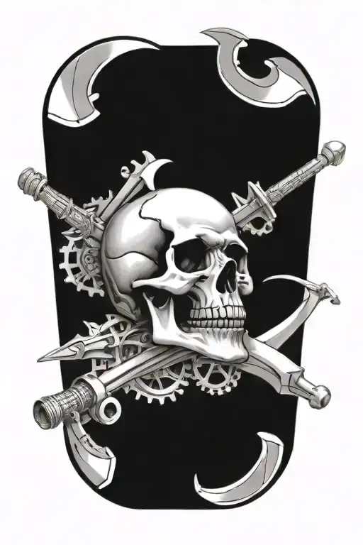 evil skull and swords surrounded by engine parts. travelling down a highway tattoo design idea