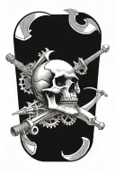 evil skull and swords surrounded by engine parts. travelling down a highway tattoo design idea