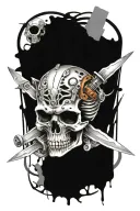 evil skull and swords surrounded by engine parts. travelling down a highway tattoo design idea